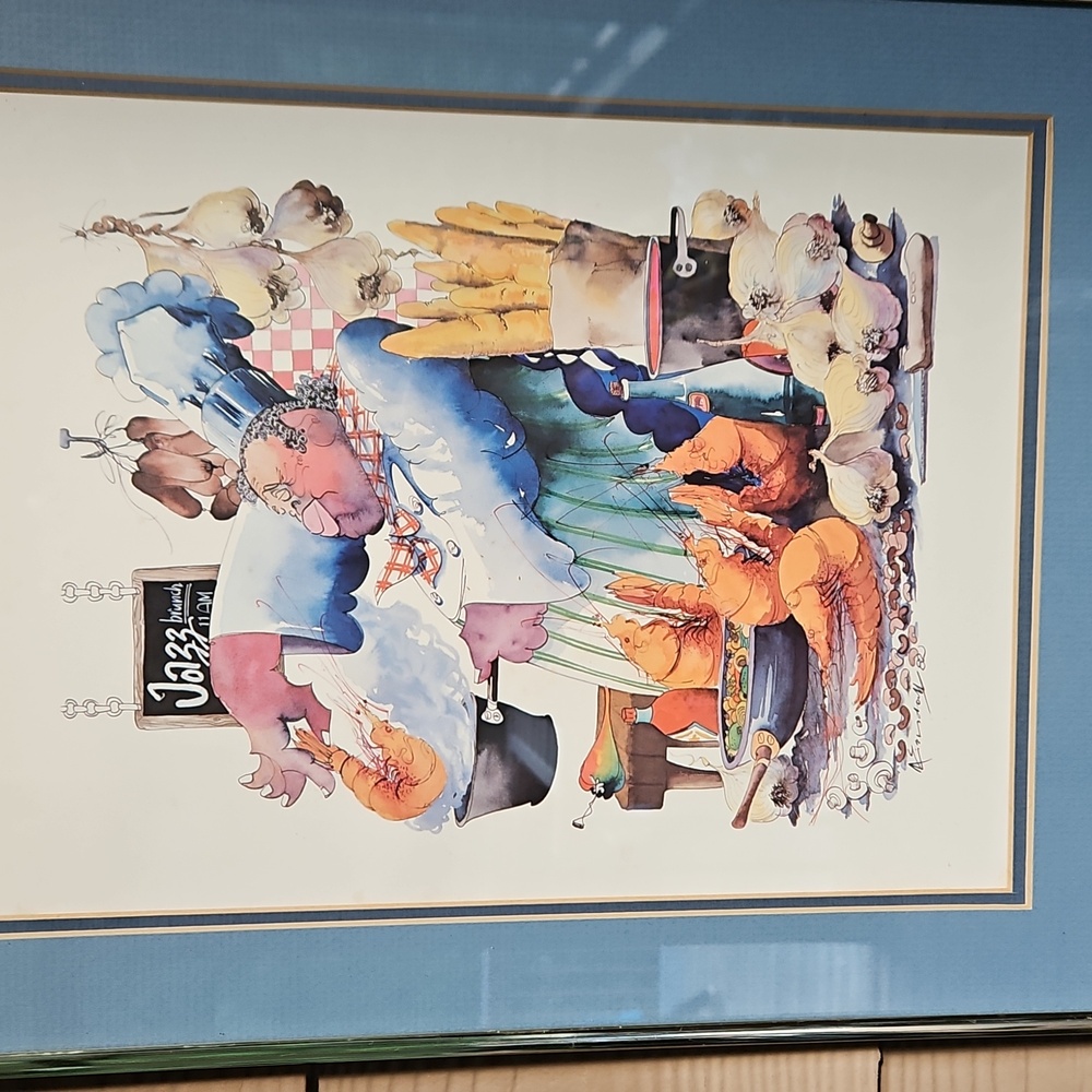 Vintage 1982 Leo Meiersdorff Jazz Brunch Framed Blue Gold Culinary Art Print - Picture 16 of 16